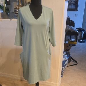 Eileen Fisher Organic Cotton V Neck Stretch Dress Pockets Mint Green Size M